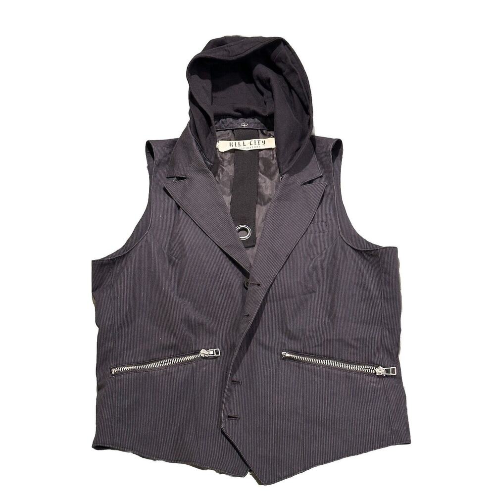 KILL CITY Slick Gun Metal Gray Pin Striped Zipper Hoodie Hooded Vest Size S